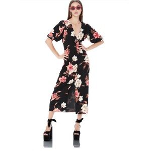 AFRM Black Floral Print Maxi Dress Short Sleeve Button Front V-Neck